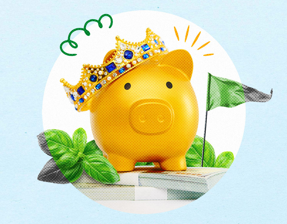 Piggy bank with crown and green flag.