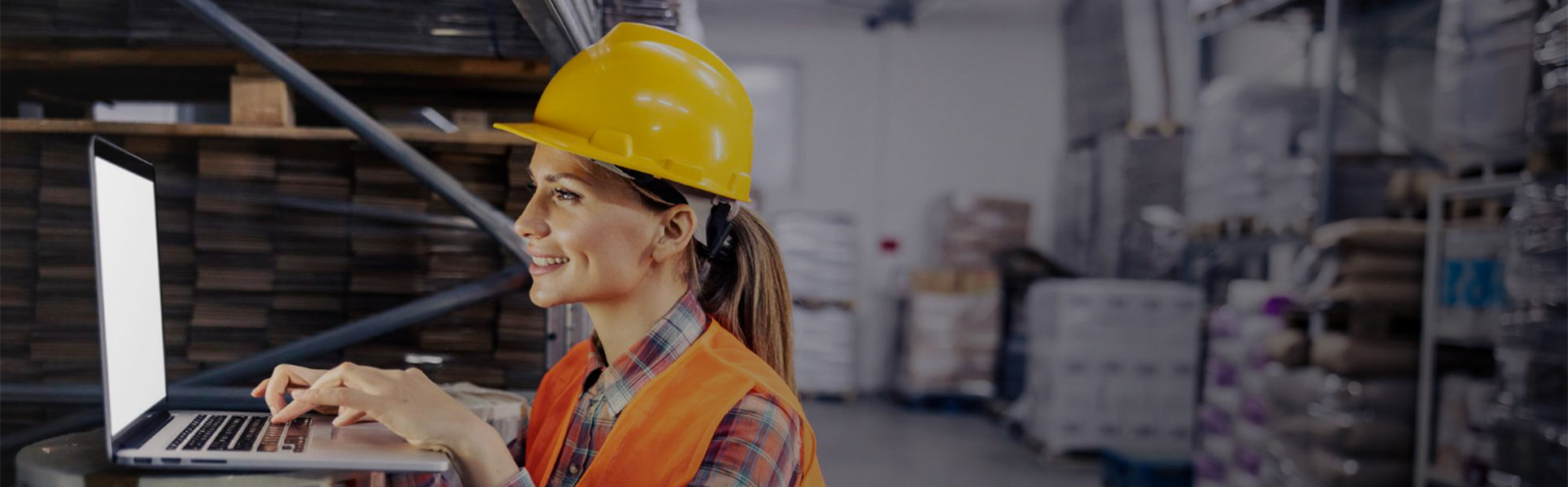 Woman in warehouse using laptop.
